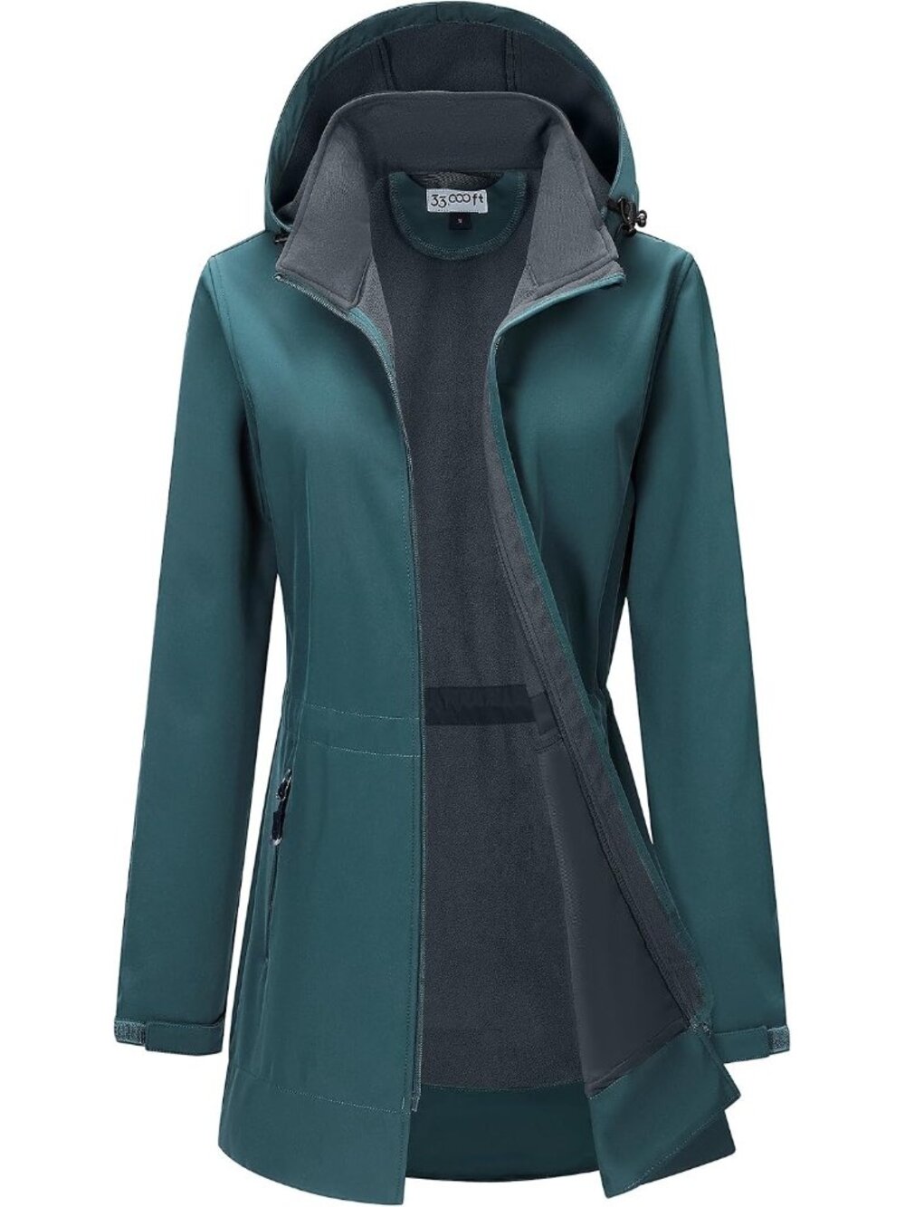 Women's Dark Green Hooded Fleece Lined Softshell Full Zip Waterproof Rain Jacket